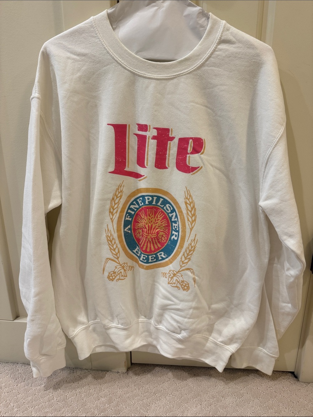 Gildan White Sweatshirt with Red, Blue & Gold Lite Beer Logo